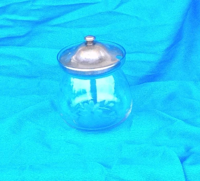 Clear Glass Floral Etched Jam, Mustard Jar with Metal Lid Elegant Tableware