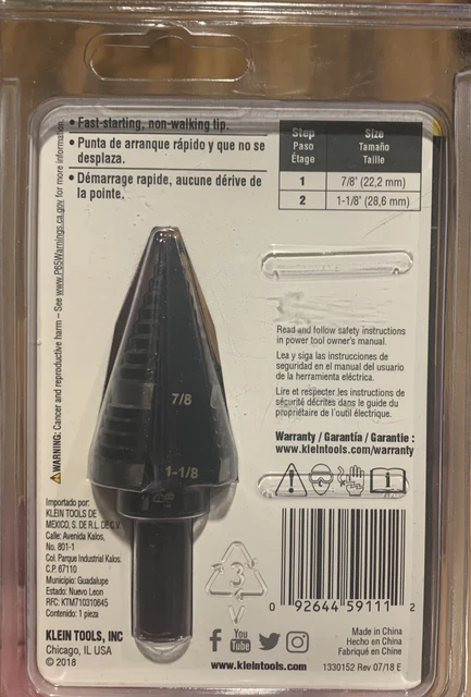 BRAND NEW - Klein Tools KTSB11 Double Fluted Step Drill Bit #11 2