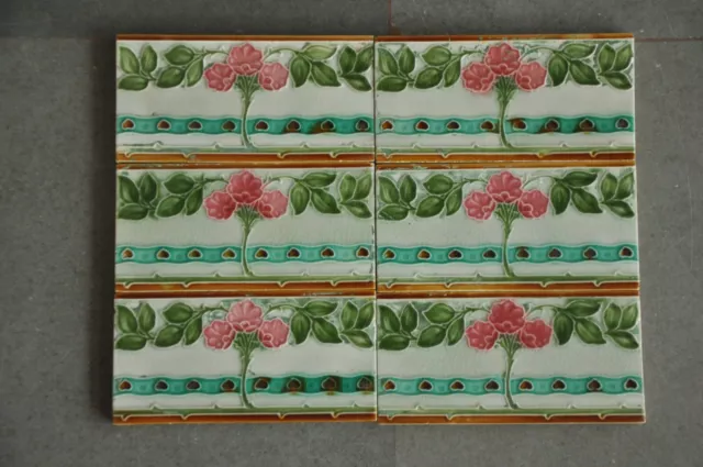6 Pc Vintage Colorful Flower Vine Embossed Ceramic Tiles,Japan