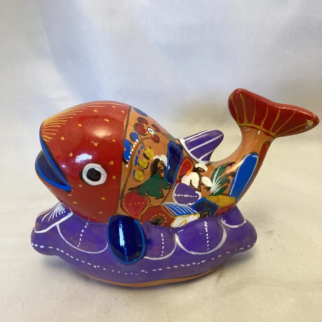 Vintage Mexico Red Clay Pottery Fish Figurine Hand Pained Folk Art Salmon