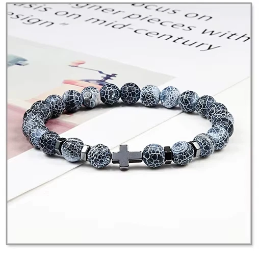 Bracelet Perles Agate Craquelée Et Hématite - Fait Main Sur Mesure - Homme/Femme