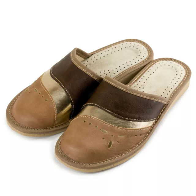 Womens Ladies Slippers Sandals Home Shoes Natural Leather Brown Kapcie Mule