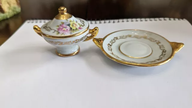 Limoges F.M. Porcelain Mini Tureen Gold with Flowers and saucer plate