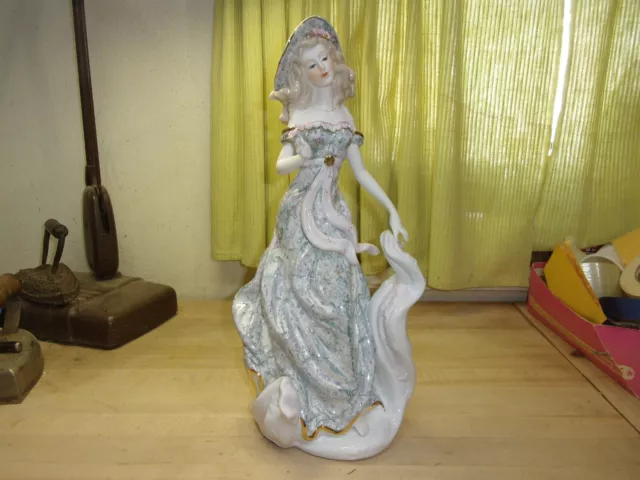 Porcelain Elegant Lady Figurine With Hat Long flowered Dress 16" tall