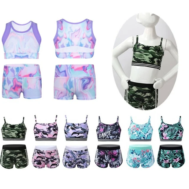 Kids Girls Sports Outfits Crop Top Bottoms Gymnastics Athletic Workout Tracksuit