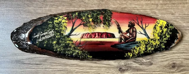 Australian aboriginal painting by Geoff Smalley wood plaque Lacquered Original