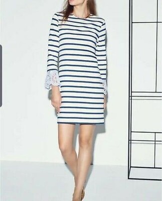 Women's Sea New York Blue Beige Stripe Long Eyelet Sleeve Shift Dress Size S