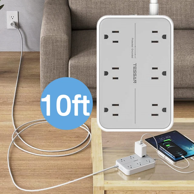 POWER STRIP SURGE Protector Flat Plug Extension Cord 10 Ft with 6