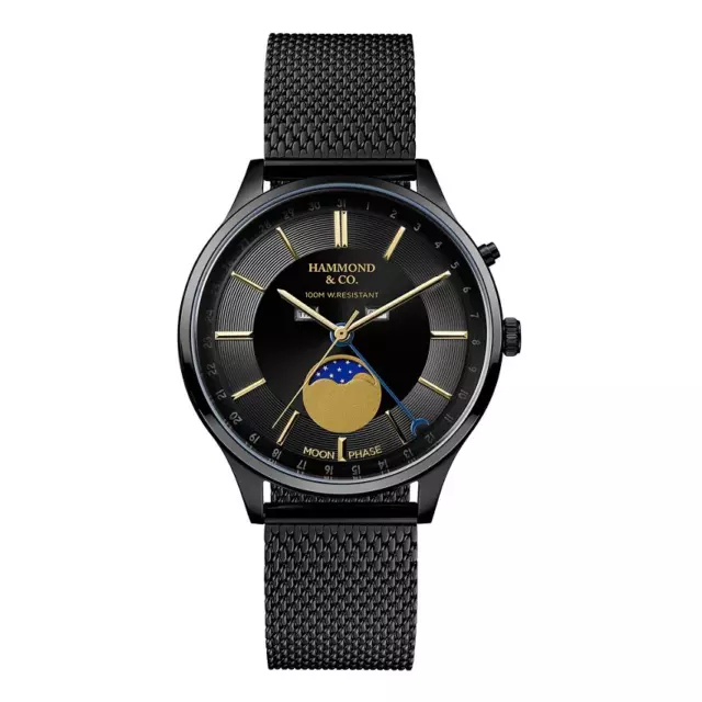 HAMMOND CO Black Watch Moon Phase Day Date Month Display Metal Bracelet. 94.00 PicClick UK