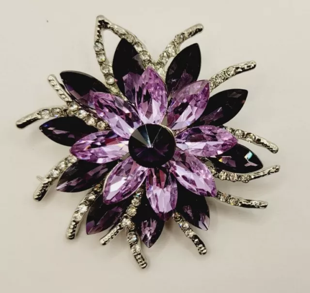 Purple Crystal Petal Flower Brooch Scarf Lapel Pin ART DECO Large 2.5 in