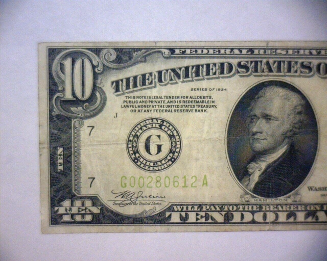 1934 $10 Federal Reserve Note LIME GREEN SEAL & SERIAL #   🌟VERY NICE🌟 4