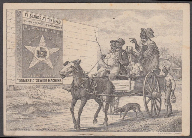 Black family in wagon Domestic Sewing Machine trade card 1882
