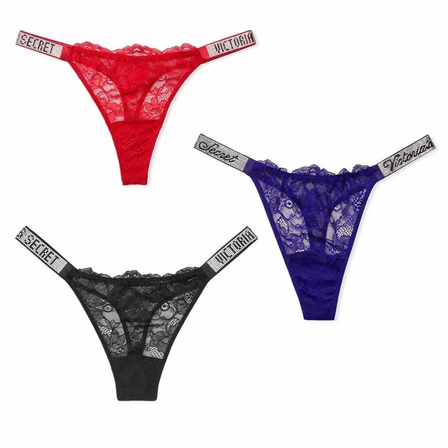 VICTORIAS SECRET SHINE Strap Lace Thong Panty Rhinestone Bombshell VERY