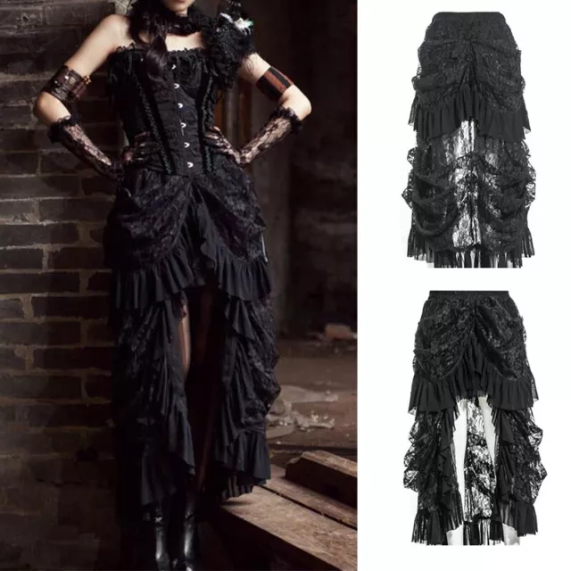 Women Retro Victorian Lace Up Ruffle Steampunk Gothic Goth Punk Long Skirt