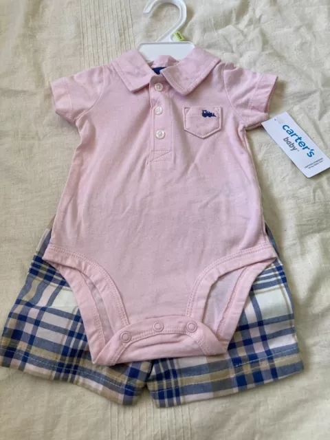 Carters baby boy 2 piece pink knit shirt/ plaid short size 3M NWT