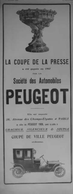 Publicité De Presse 1908 Automobiles Peugeot Coupé Ville La Coupe De La Presse
