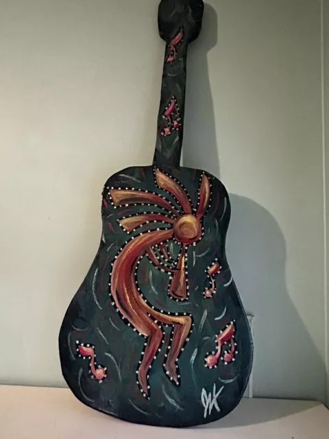 Lg. 1-Of-A-Kind/Hand Painted Artist Signed Kokopelli Guitar Shaped Wall Hanging