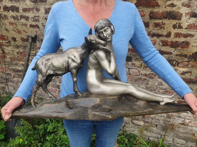 Grande sculpture art deco en bronze A.MORLON femme nue au cabri statue 79cm!