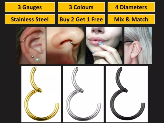 Surgical Steel Septum Clicker Nose Hinge Segment Ear Helix Ring Hoop - B2G1