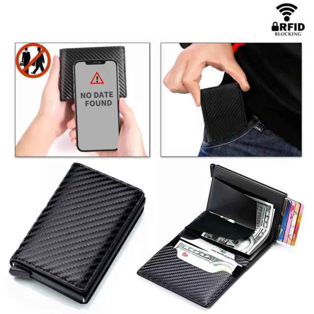 2Pcs RFID Blocking LEATHER CARBON FIBER Mens Wallet Slim ID Credit Card Holder