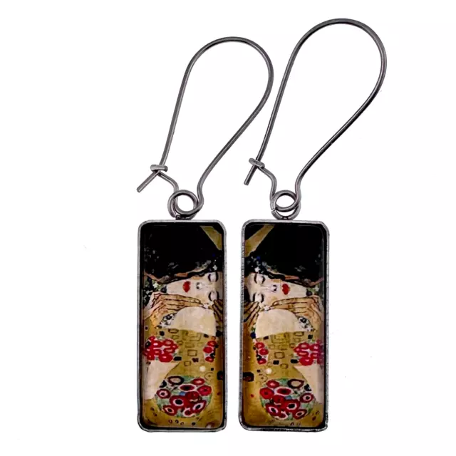 Gustav Klimt The Kiss Earrings Rectangle Glass & Stainless Steel Kidney Hooks