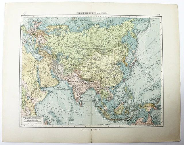 1898 GERMAN OVERVIEW Map of Asia Full Color Lithography 18 x 23 £60.74