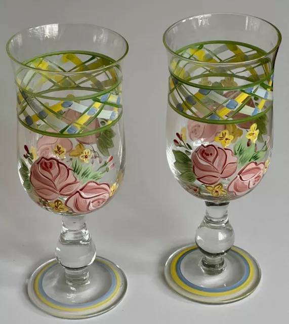 Set of 2 / Pair of Hand Painted Crackle Glass Wine Glasses Butterfly Floral  B55
