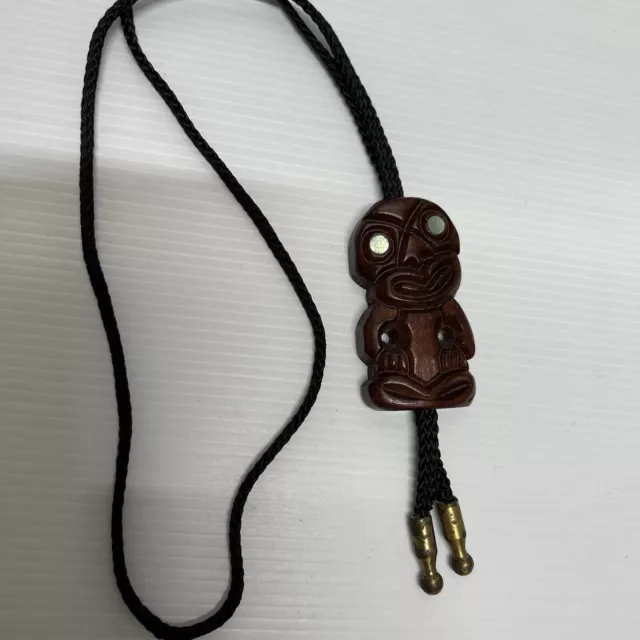 Old New Zealand Maori Carved Wooden Tiki Neck Tie with Paua Shell Eyes