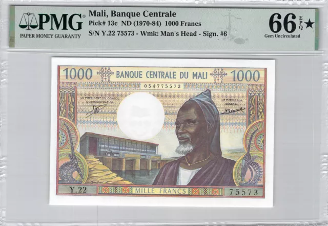 Mali 1000 Francos (1970-84) Y. 22 Pick 13c PMG 66EPQ Ma