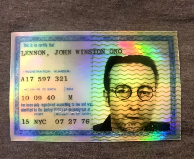 JOHN LENNON VINTAGE LOOK Holo-Decal/Sticker 1976 US GREEN CARD 3x4.5” BEATLES