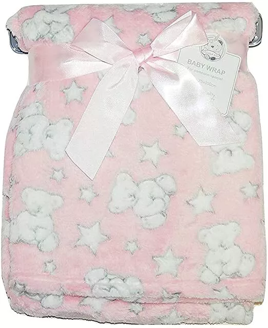 Soft Fleece Wrap Blanket - Teddy and Stars Print Gift for Newborn Baby Girl/Boy