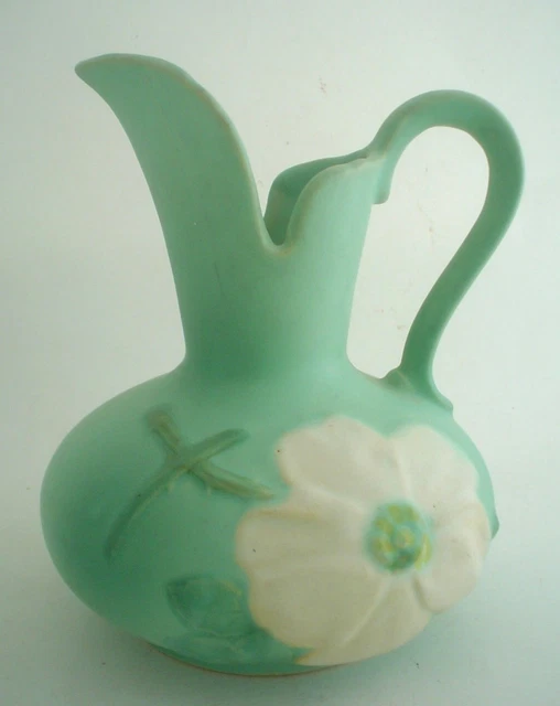 VINTAGE WELLER POTTERY Pitcher in Blue with Wild Rose Pattern $39.99