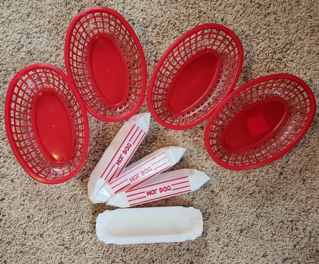 Hot Dog Trays & Red Plastic Fast Food Baskets Set of 4 each