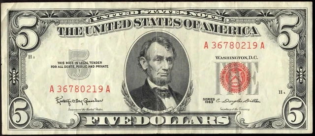 $5 Series of 1963 - US Legal Tender Note with Red Seal - Circulated Note