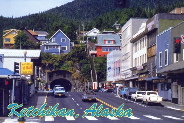 Vintage Postcard Continental Size Street Scene At Ketchikan Alaska
