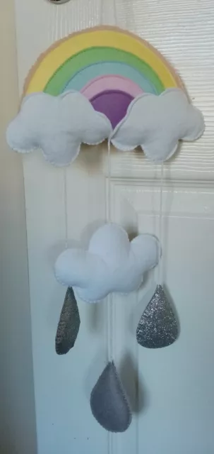 Handmade felt small rainbow cloud raindrops mobile nursery hanging decoration