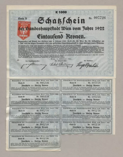 WIEN (Bundeshauptstadt) – 5% Schatzschein über 1.000 Kronen – vom 10.2.1923