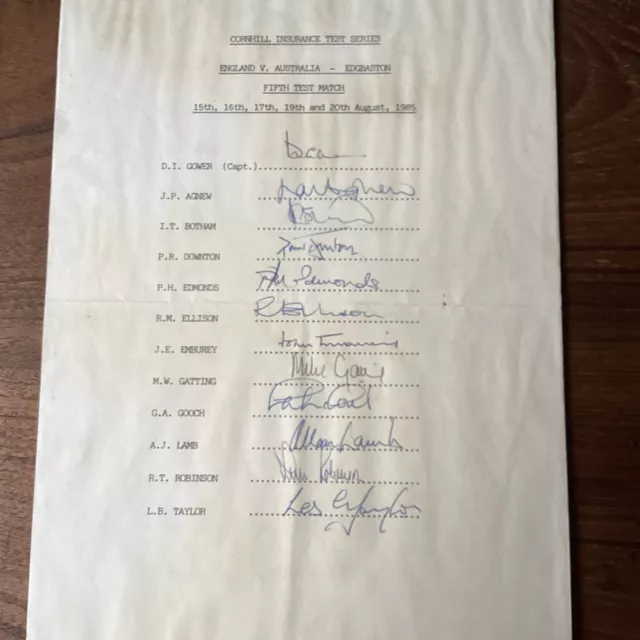 England v Australia 5th Test August 1985 Genuine England Signed  Team Sheet