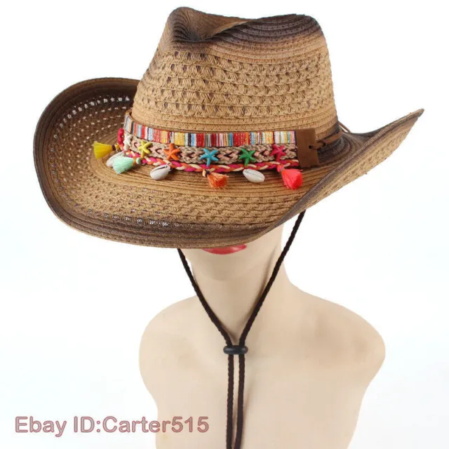 Men Women Straw Cowboy Hat Western Cowgirl Sun Boho Tassel Wide Brim Brown Retro