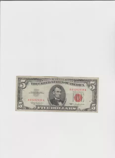 1963 Five Dollar RED Seal Note United States Note Old US Bill $5 Lightly Circ