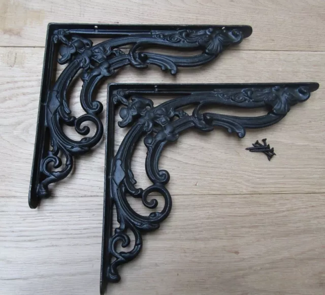 Pair of 8" BLACK FLORAL cast iron shelf wall brackets vintage old style