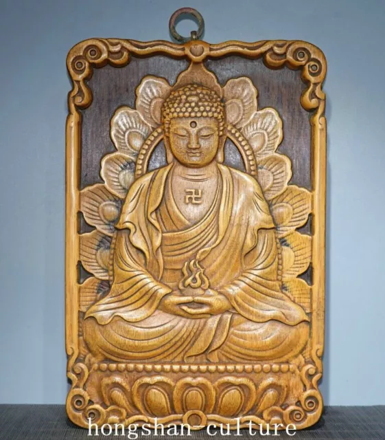 Dynastie Huanghuali Holz Shakyamuni Amitabha Buddha Tangka Wand hängen