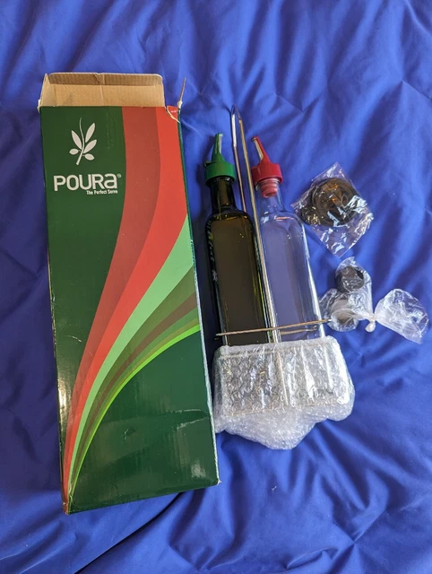 NIB Poura Vinegar & Olive Oil Glass Bottle Set W/Caddy, Dispensing Tops