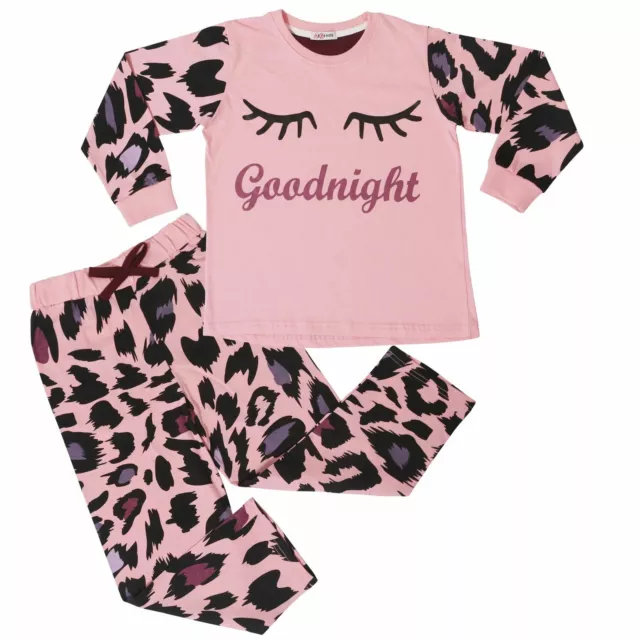 Kids Girls Goodnight Pyjamas Children Baby Pink PJs 2 Piece Leopard Loungewear