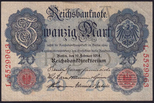 1914 20 Mark Germany Old Vintage Paper Money Banknote Antique Currency Note aUNC