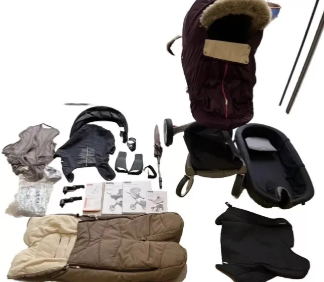 Stokke Xplory Black Stroller Buggy + compatible carry Cot + Winter Pack + Snug 2