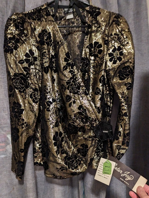 Vintage 80s Gold Black Velvet Puff Sleeve Top Mister Jay Size S With TAGS!!