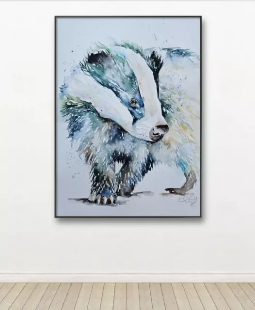 New large original signed watercolour art painting by Elle Smith Of A Badger