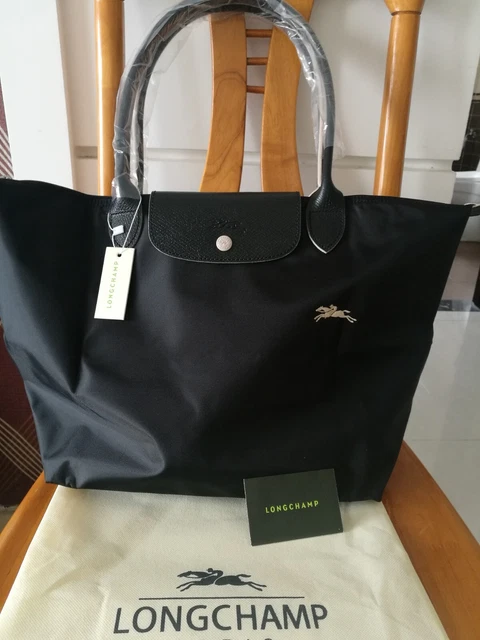 Longchamp Le Pliage Nylon Large Tote Bag Leather Strap Handles Handbag Black