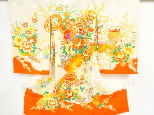 45729# Japanese Kimono / Antique Kimono For Girls / Drum & Floral Plants